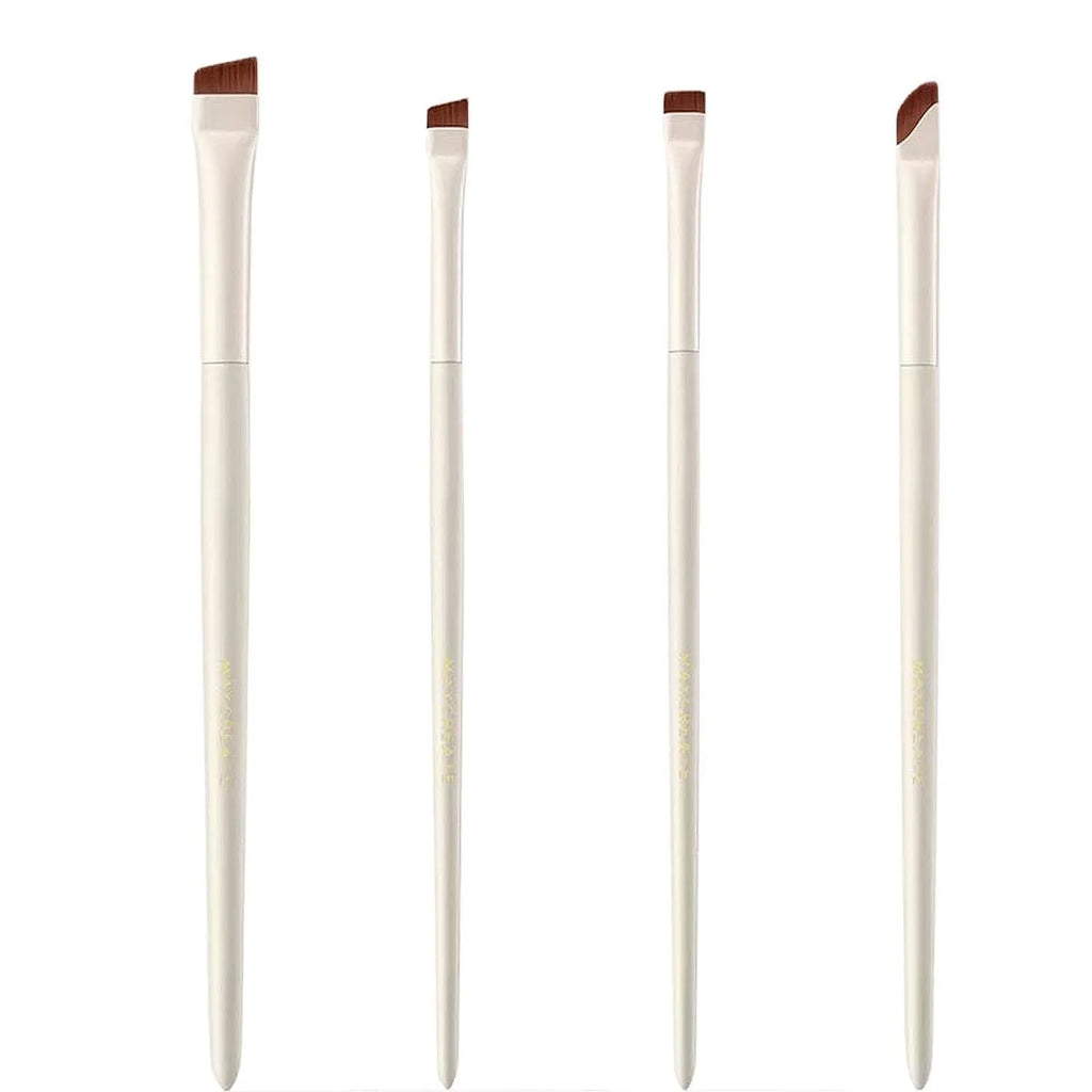 Four angled eyeliner and brow makeup brushes with ultra-thin tips in a leather case.