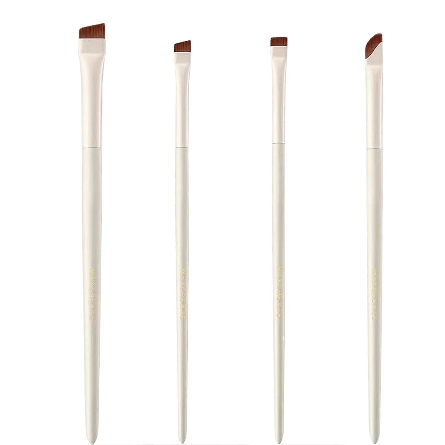 Four angled eyeliner and brow makeup brushes with ultra-thin tips in a leather case.