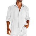 Mens long sleeve casual shirt with lace polo collar and chest pocket in solid colour