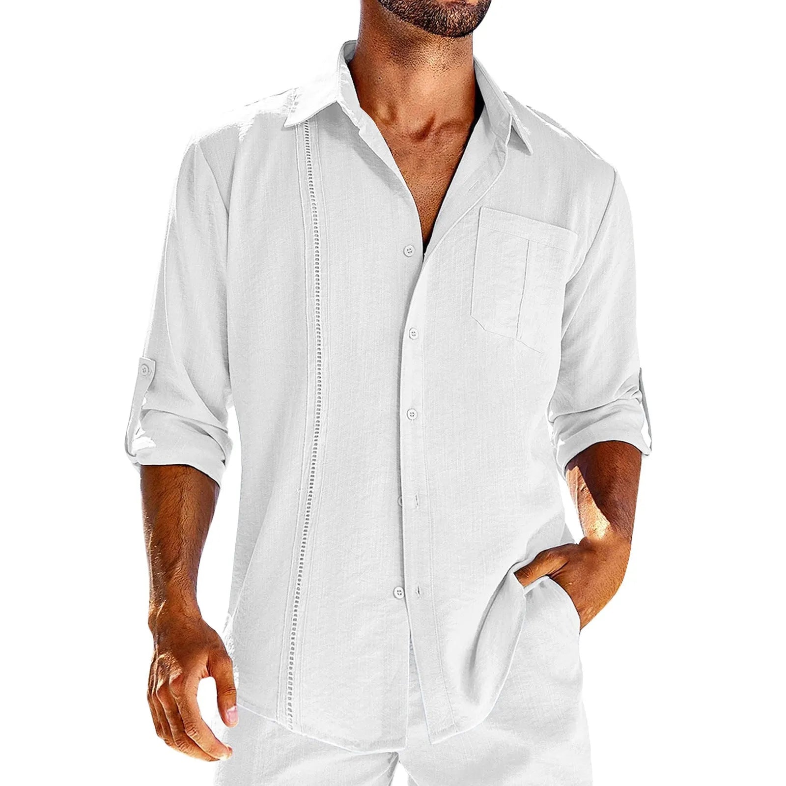 Mens long sleeve casual shirt with lace polo collar and chest pocket in solid colour