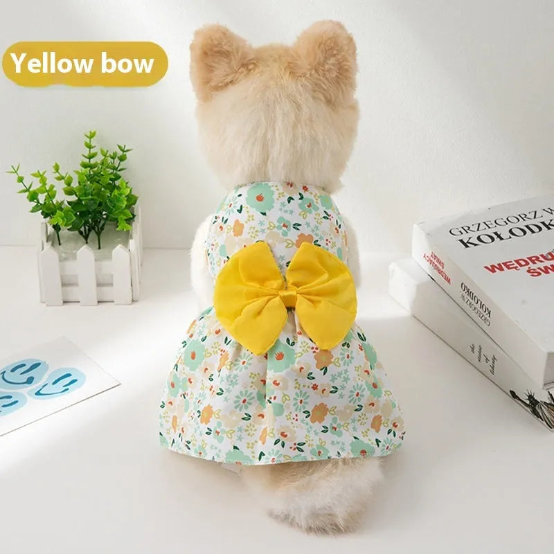 Ultra-thin summer pet dress with floral butterfly knot at neck in multiple bow colour options