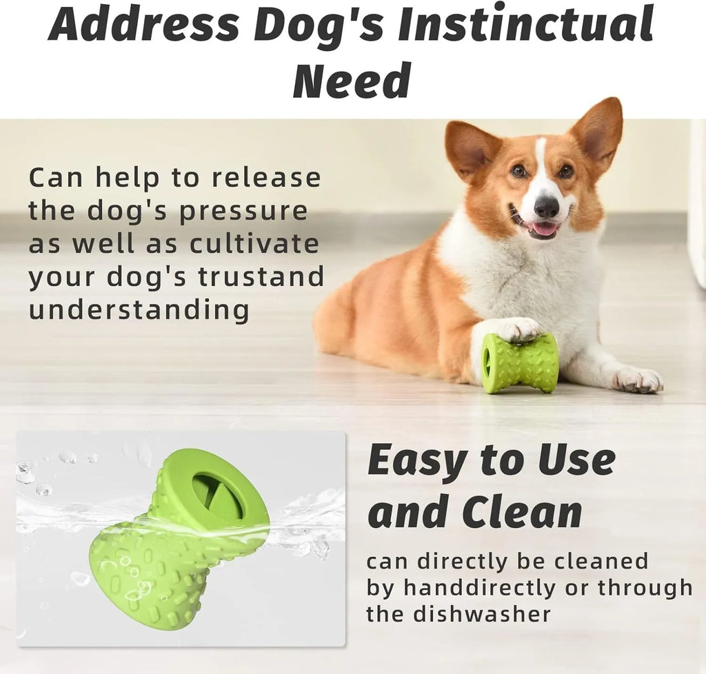 Blue natural rubber hollow dog bone treat dispensing toy with leakage holes.