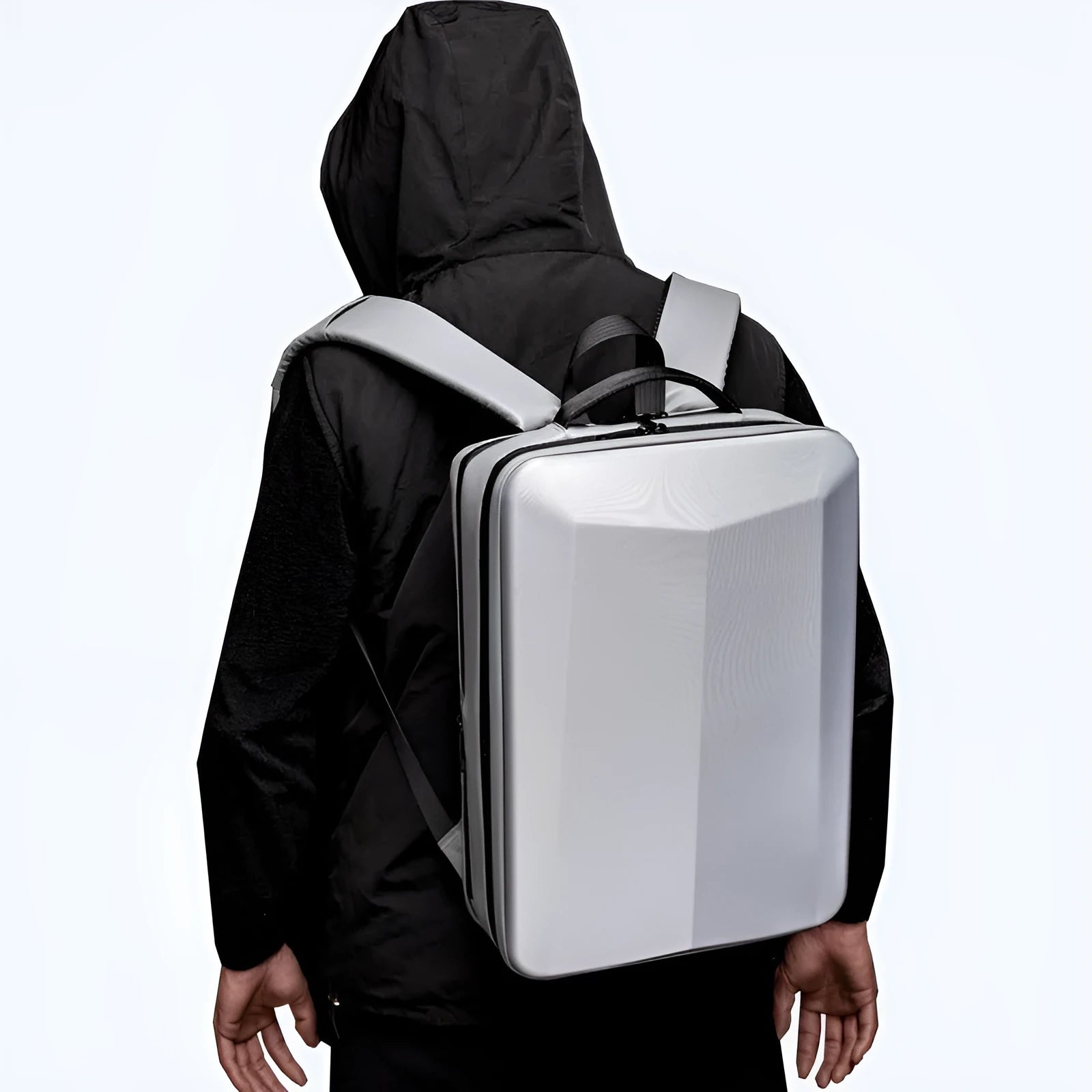 Waterproof black business backpack with curved shoulder straps showing ABS PC Oxford cloth construction