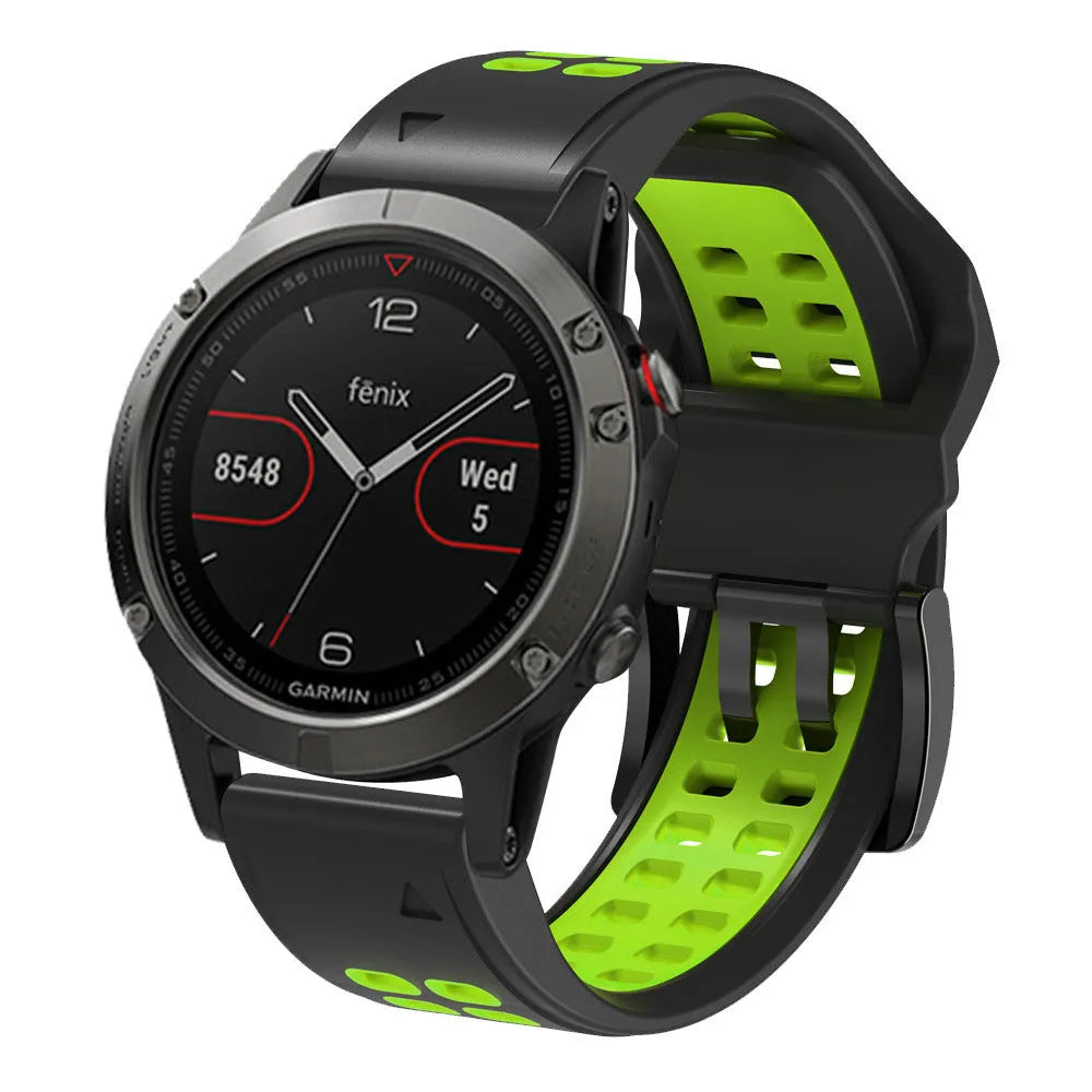 Two-tone quick-release silicone watch strap with pin buckle in black and orange colour