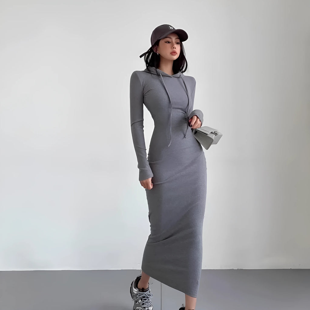 Women's grey hooded long sleeve sheath dress with a high waist and over-the-knee length.