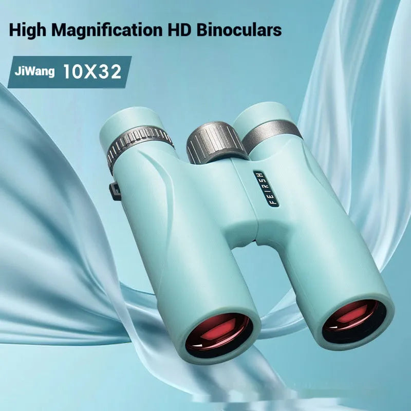 10x32 wine red film binoculars in grey or blue colour, showing compact design and large objective lenses.