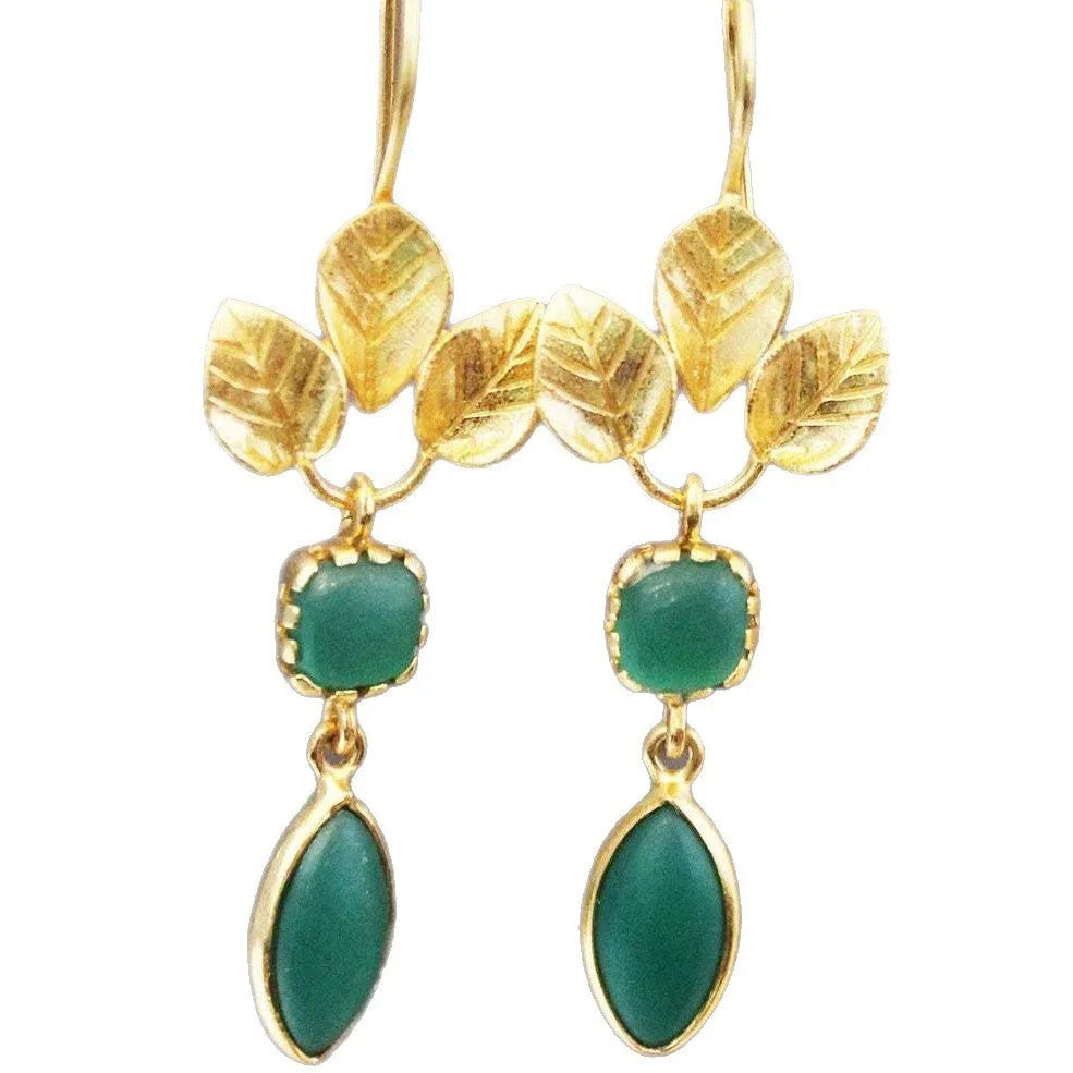 Gold drop-shaped copper earrings with French leaves tassel and water zircon detailing