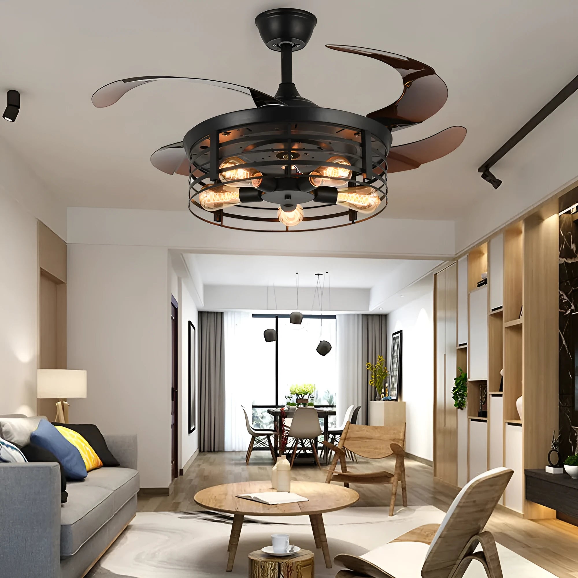 American retro style ceiling fan lamp with invisible blades and acrylic shade, remote control included