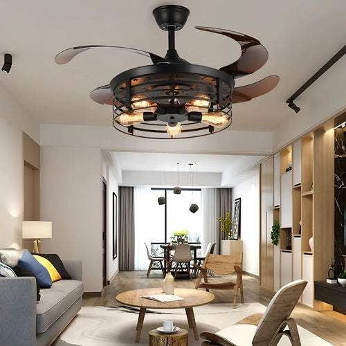 American retro style ceiling fan lamp with invisible blades and acrylic shade, remote control included