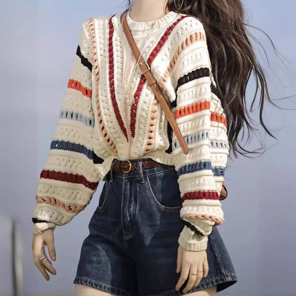 Rainbow striped hollow pattern sweater with batwing sleeves in loose fitting casual style