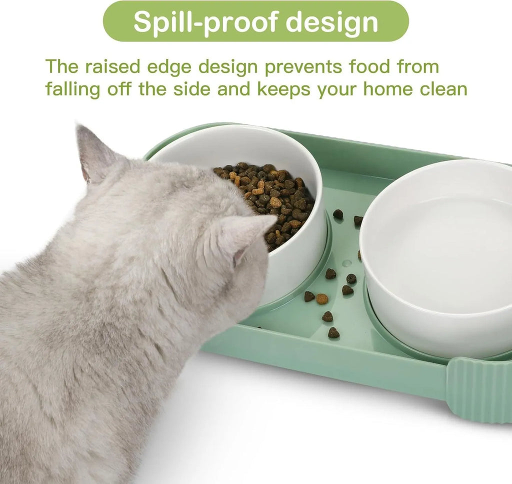 Green ceramic raised cat food and water bowls set with tilted stand on a kitchen floor.