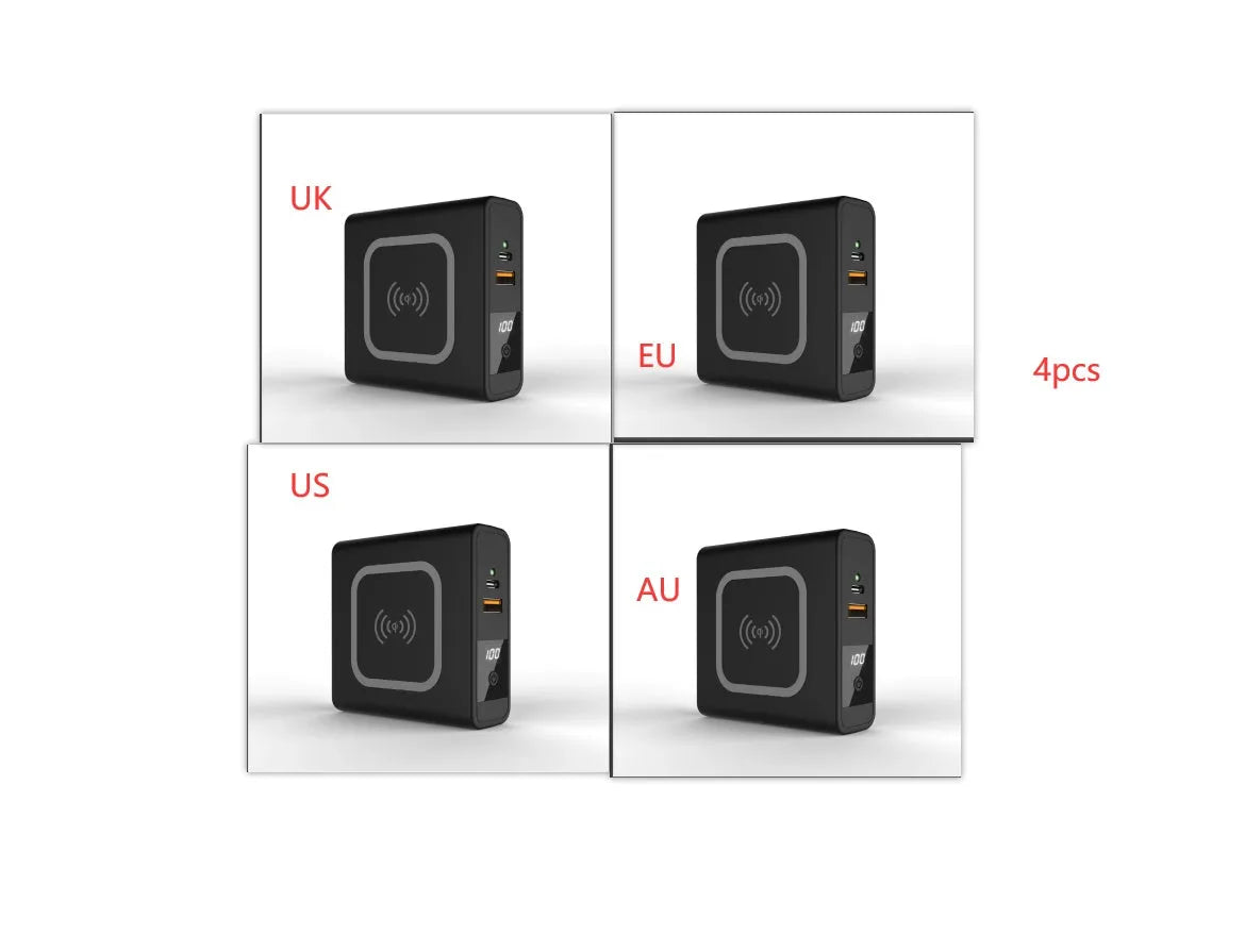 Black PD20W power bank with wireless charging and flip-out UK US EU AU plug adapters