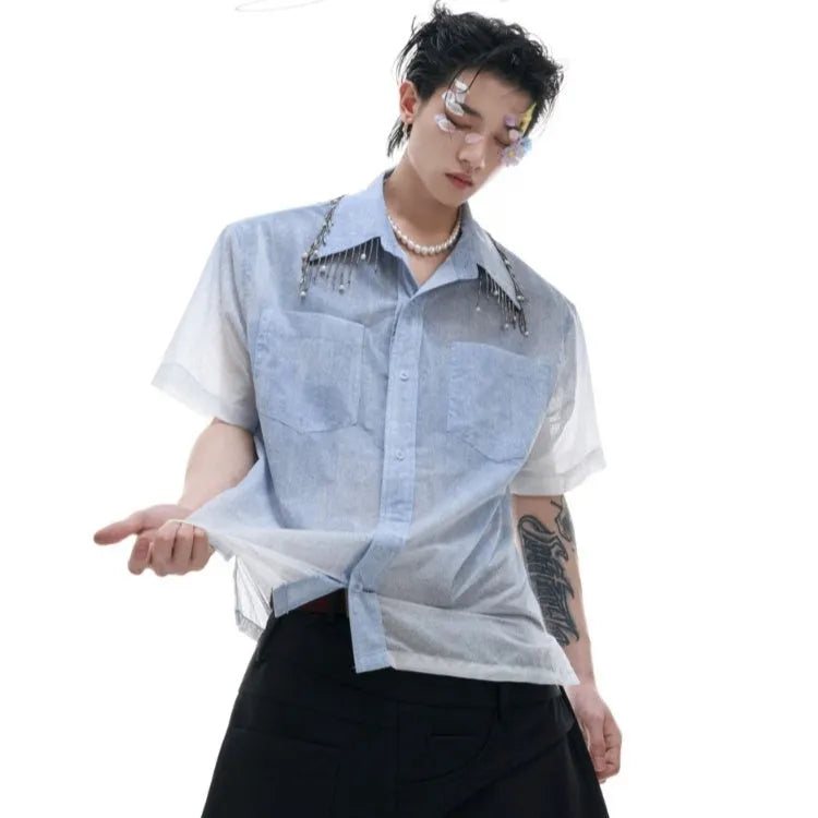 Blue gradient loose fit half sleeve summer shirt on hanger