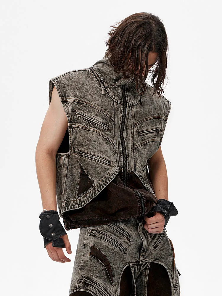 Men's splicing denim vest jacket with zipper front and sleeveless summer design