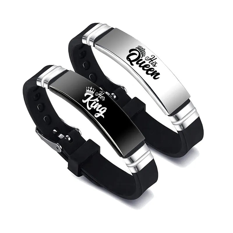Black and silver couple bracelets with stainless steel crown and letter charm on adjustable silicone strap