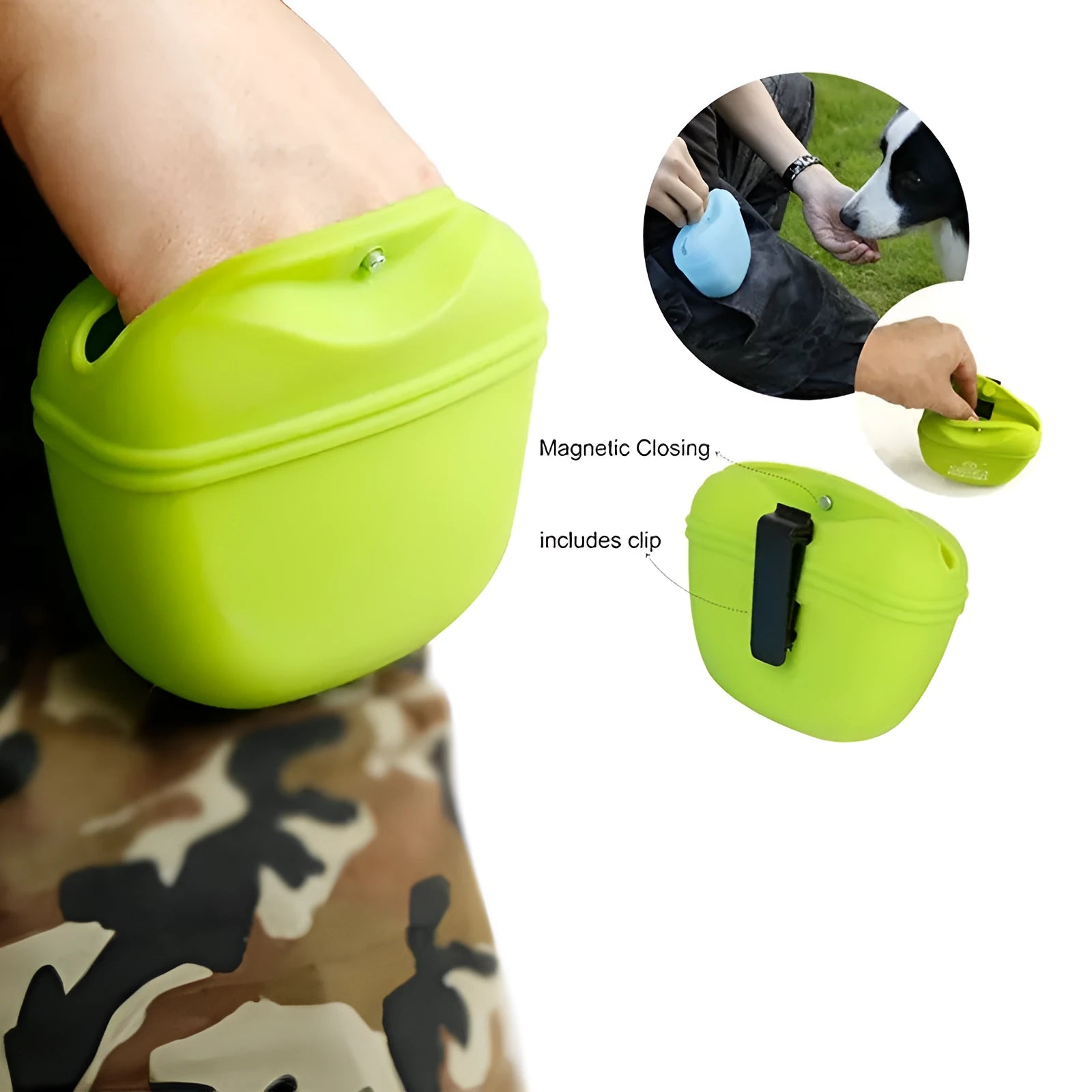 Coloured silicone dog treat bag with clip and magnetic opening, shown with dog training treats.
