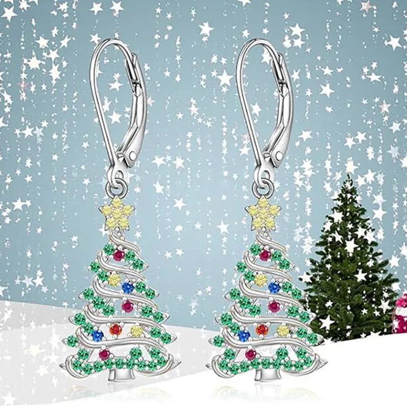 White gold colour Christmas tree earrings with star shape design for women