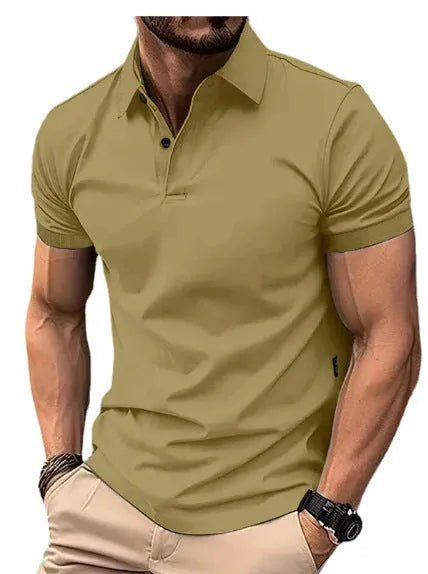 Men's slim fit solid colour short sleeve button-up shirt on a hanger