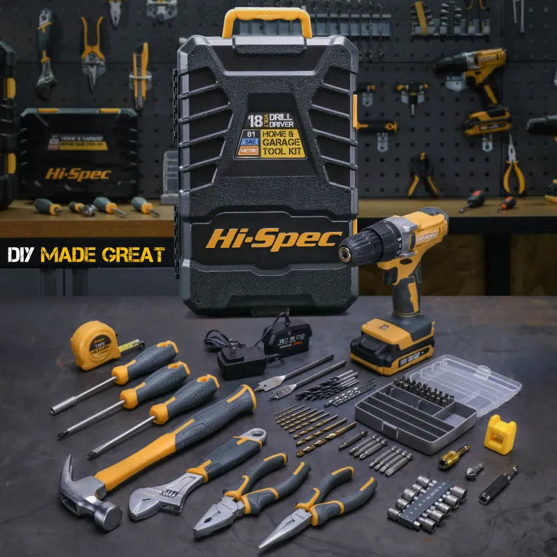 82-piece hardware tool combo set in grey yellow storage case with chrome-vanadium steel tools for furniture installation