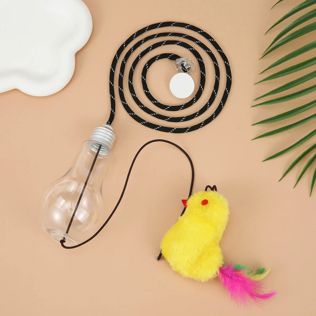 Interactive hanging cat toy with retractable elastic rope and dangling mouse attachment on door frame