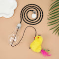 Interactive hanging cat toy with retractable elastic rope and dangling mouse attachment on door frame