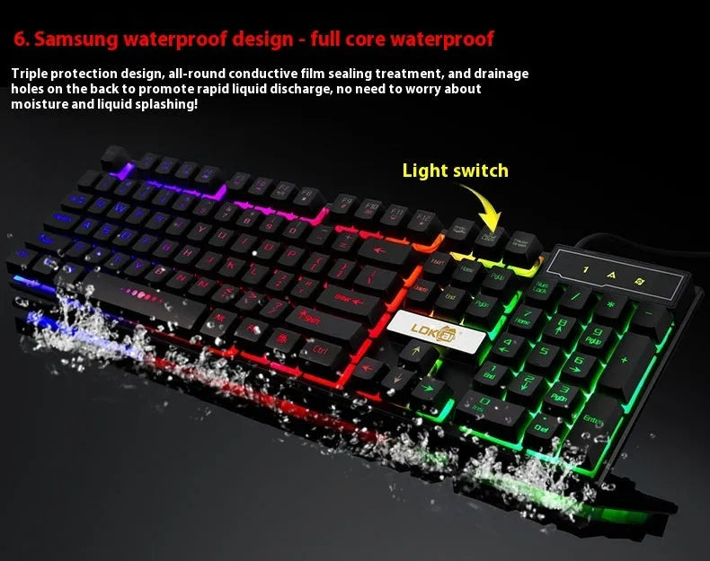 Industry white and black RGB backlit gaming keyboard with built-in USB cable for desktop PC