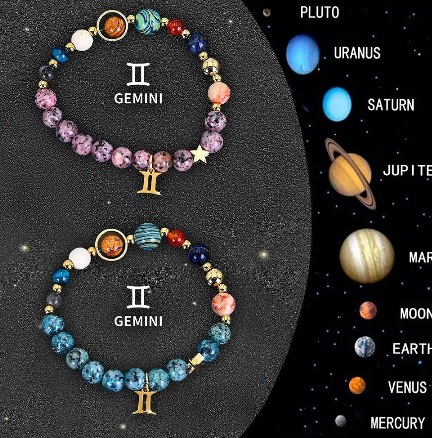Two natural stone beaded zodiac bracelets laid side by side, showing different stone textures and colours.