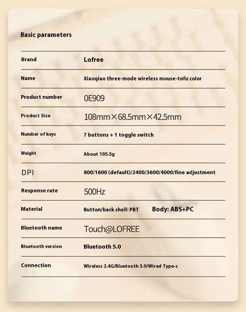 Tofu coloured wireless computer mouse with three connection modes and seven-button configuration.