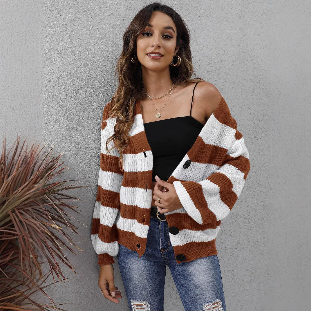 Women's striped cardigan in deer plush fabric with button front closure