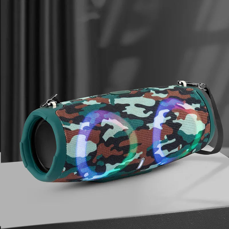 Round portable Bluetooth speaker with RGB coloured lights in camouflage colour option with carrying strap