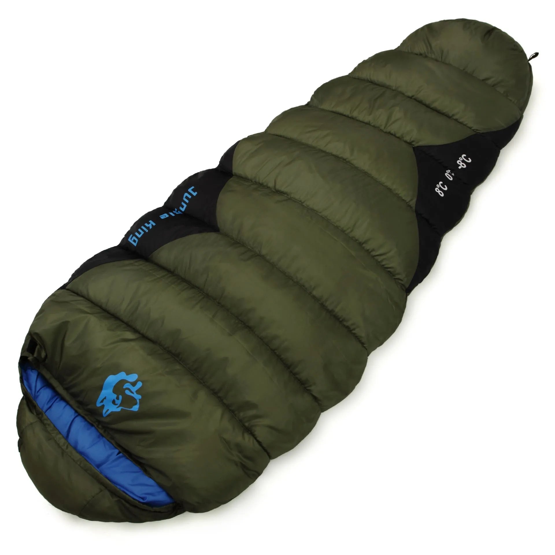 Mummy-style outdoor sleeping bag in army green with compression storage bag for camping
