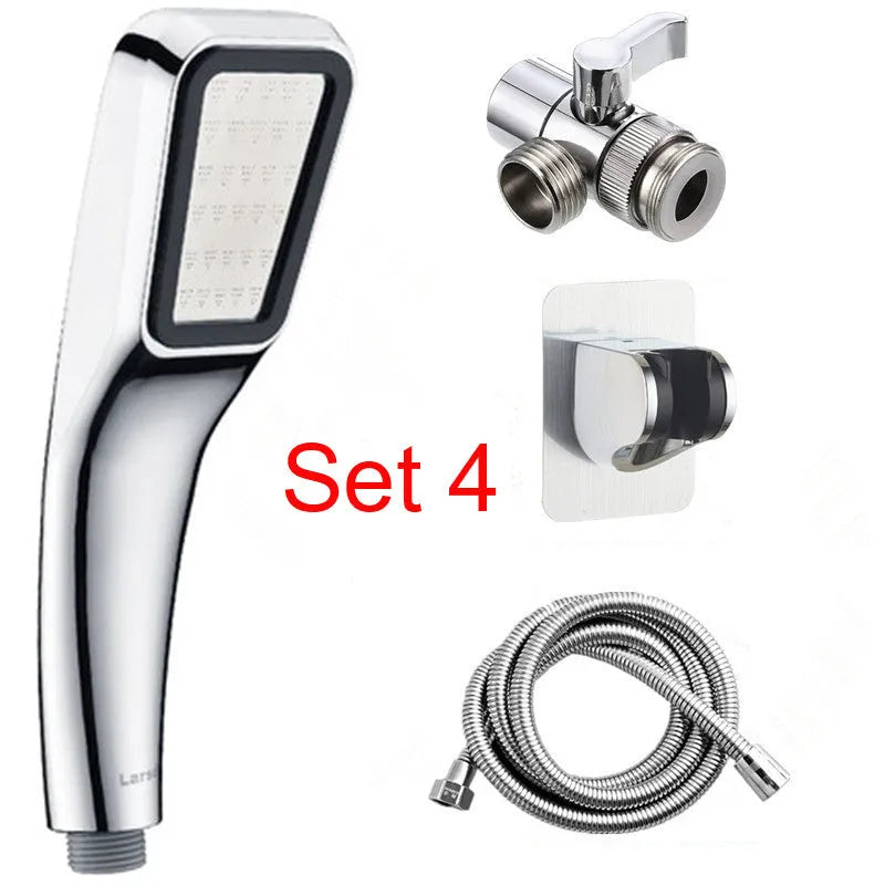 Orange hand-held rain shower set with pressurised function showing shower head and connection