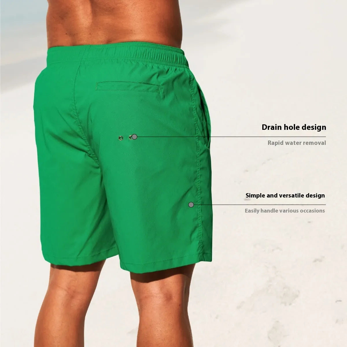 Men's solid colour quick-dry nylon sports shorts on a beach background