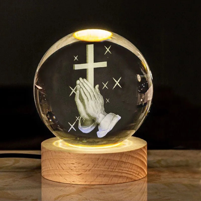 White crystal ball lamp with solid wood base and warm lighting in religious designs