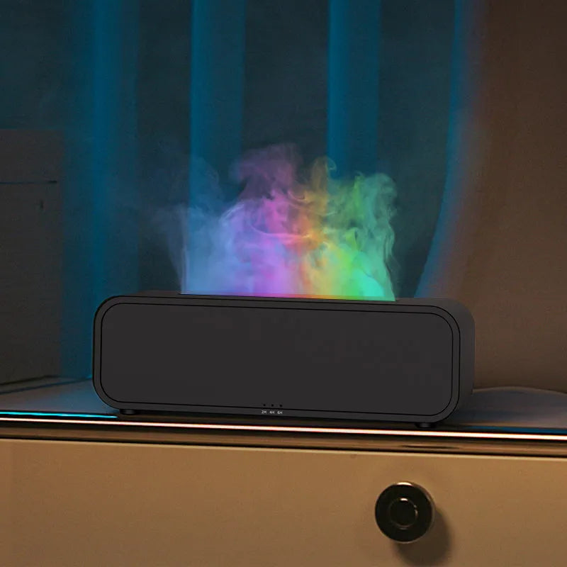 Black and white aroma diffuser with colour-changing flame effect lights and remote control for aromatherapy