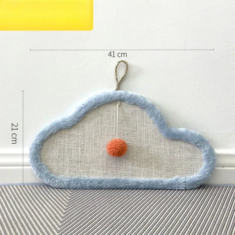 White wall-mounted cat scratching mat with a cartoon sleeping cat design, made from natural sisal.