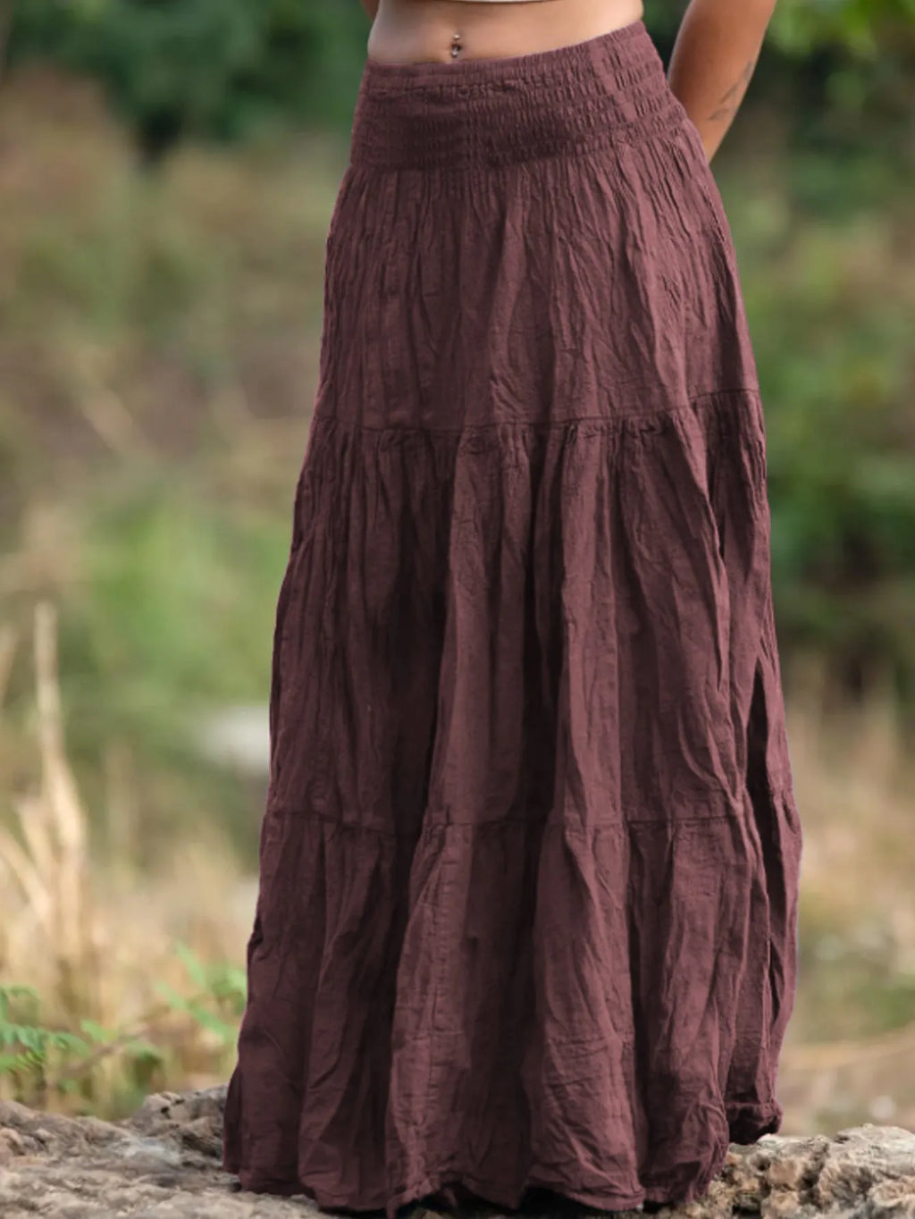 Women's waist smocking mid-length retro skirt in viscose fibre with folding detail, available in multiple colours and sizes