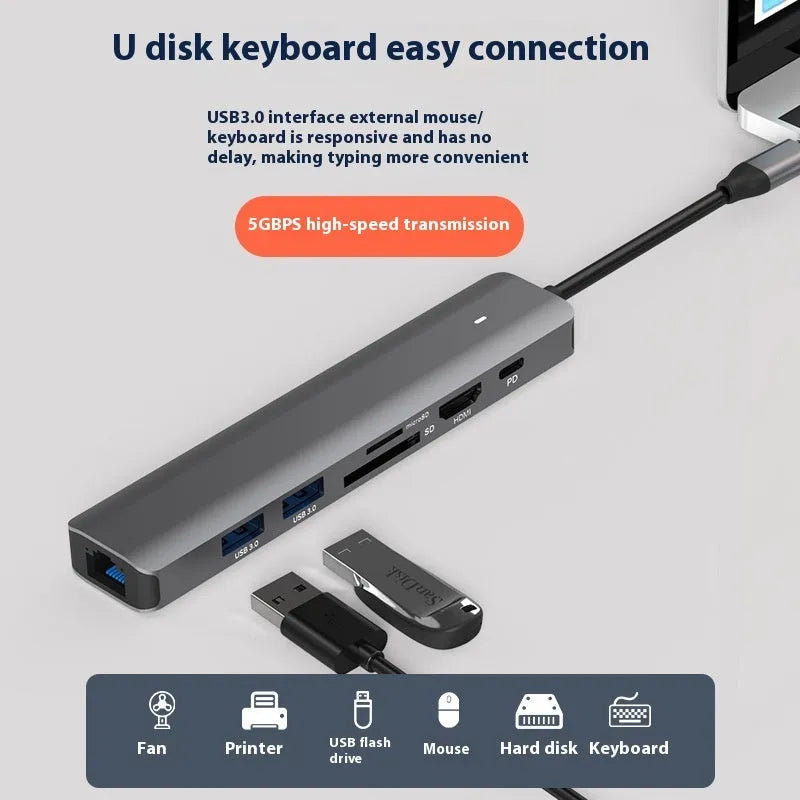 LQT-LH07 7-in-1 USB-C multiport hub with card reader, HDMI, Ethernet, and USB ports.