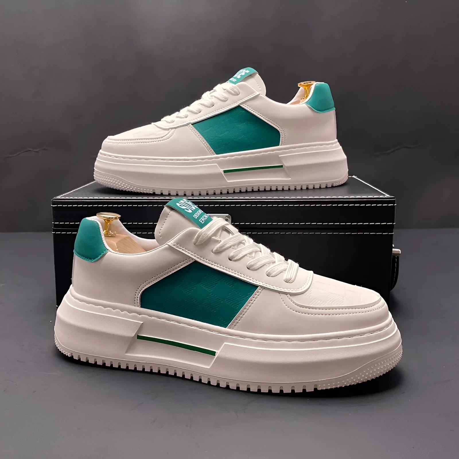 Casual cloth sports shoes with rubber foam soles in white-green and white-black colour options.