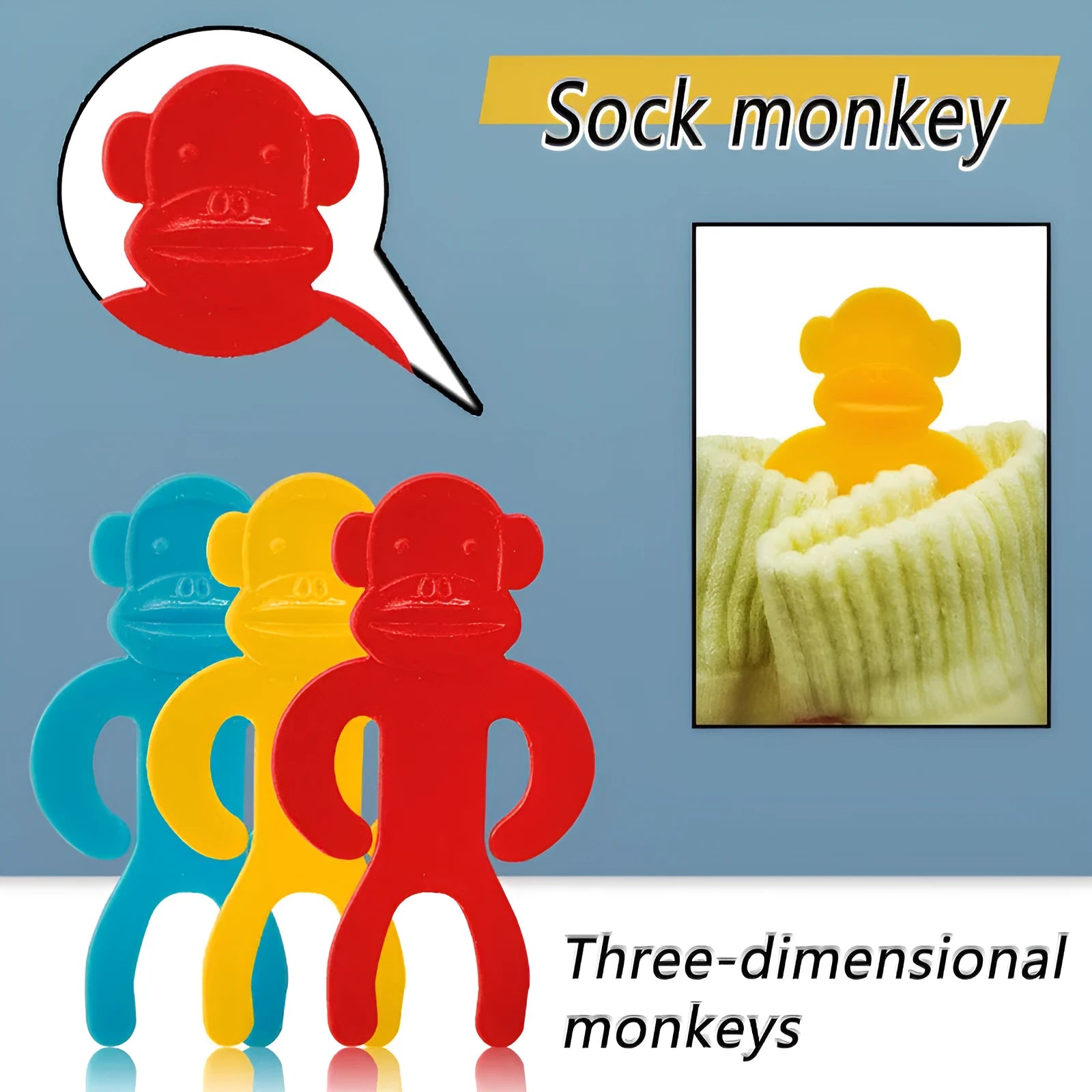 Plastic socks clips in blue, yellow and red colours for laundry organisation
