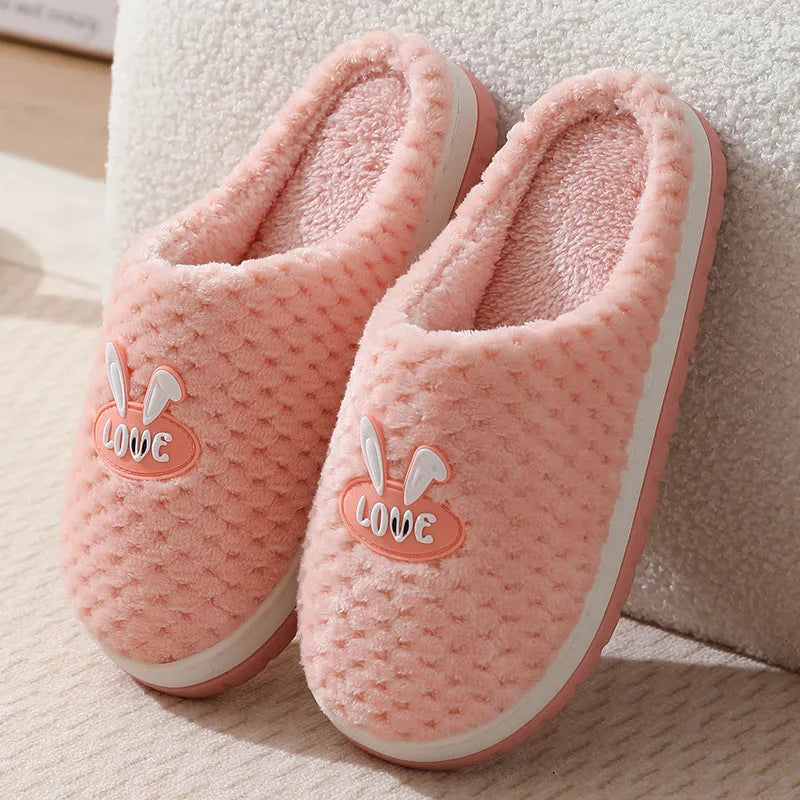 Women's plaid rabbit design artificial fur house slippers with thick rubber soles
