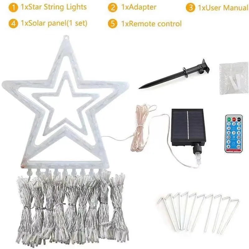 LED five-pointed star waterfall light for outdoor courtyard decoration, 1000mm length, warm white light, on a wooden fence