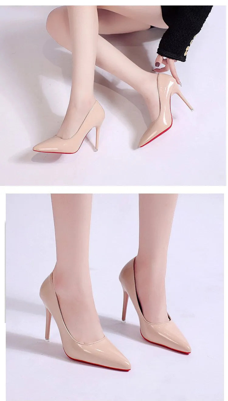 Women's solid colour pointed toe stiletto heel pumps with shallow mouth design and rubber sole