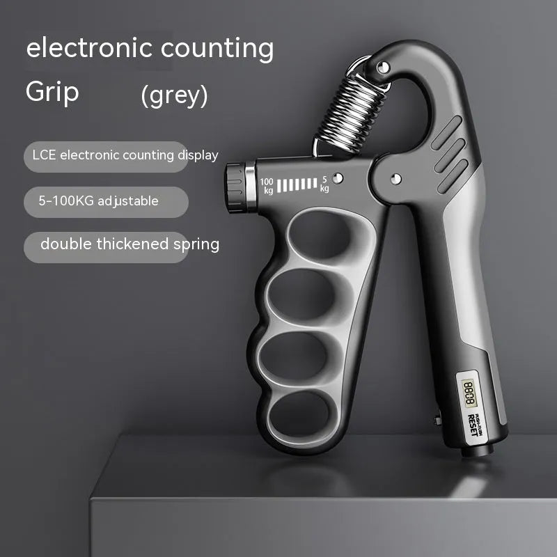 Electronic counter spring grip hand strengthener with adjustable resistance and digital display