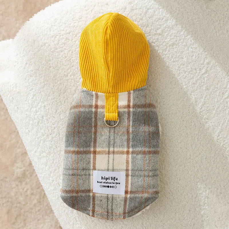 Blue corduroy dog hoodie with chessboard grid print and hood, sized for a medium dog.