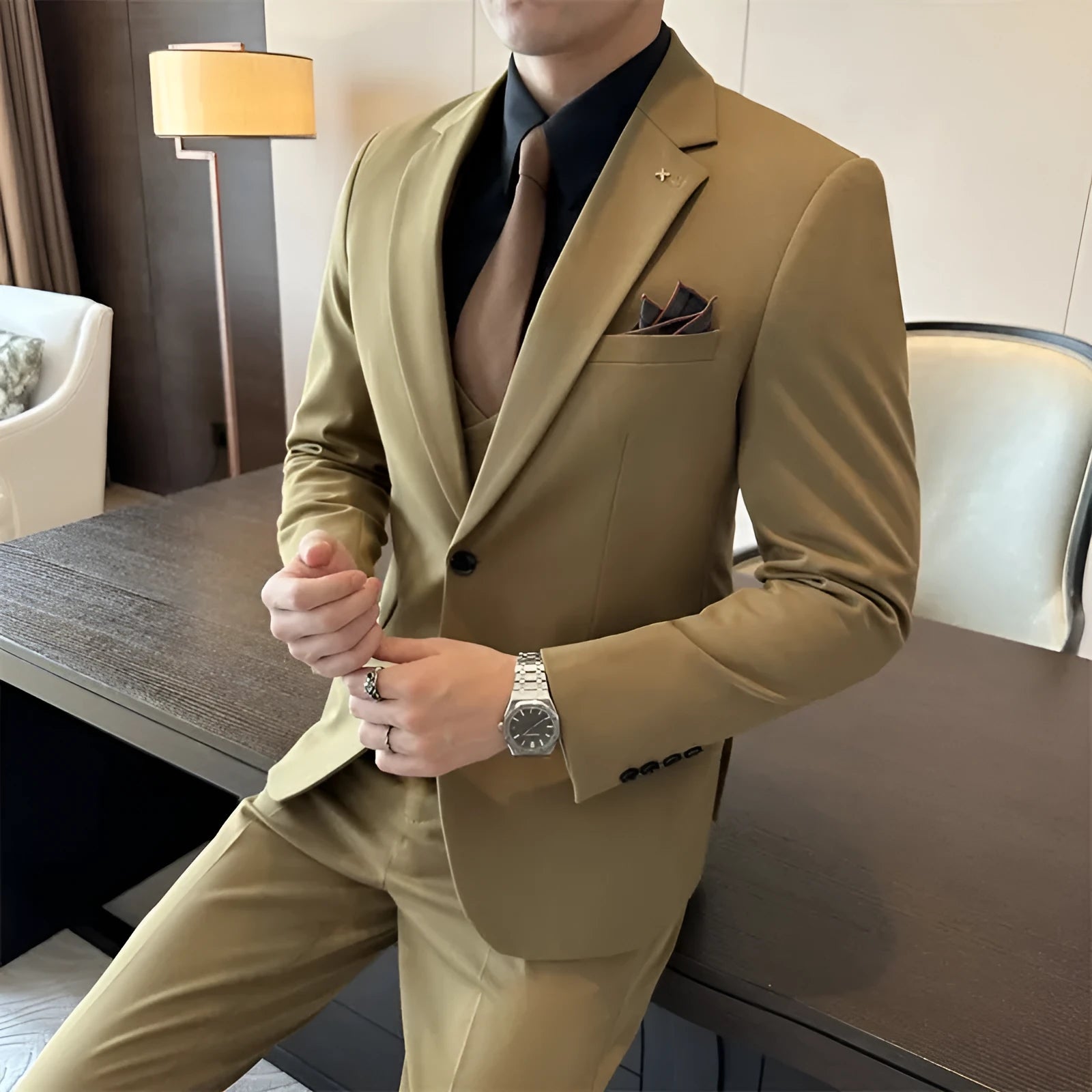 Men's slim fit business formal wear jacket in chemical fibre blend fabric available in multiple sizes
