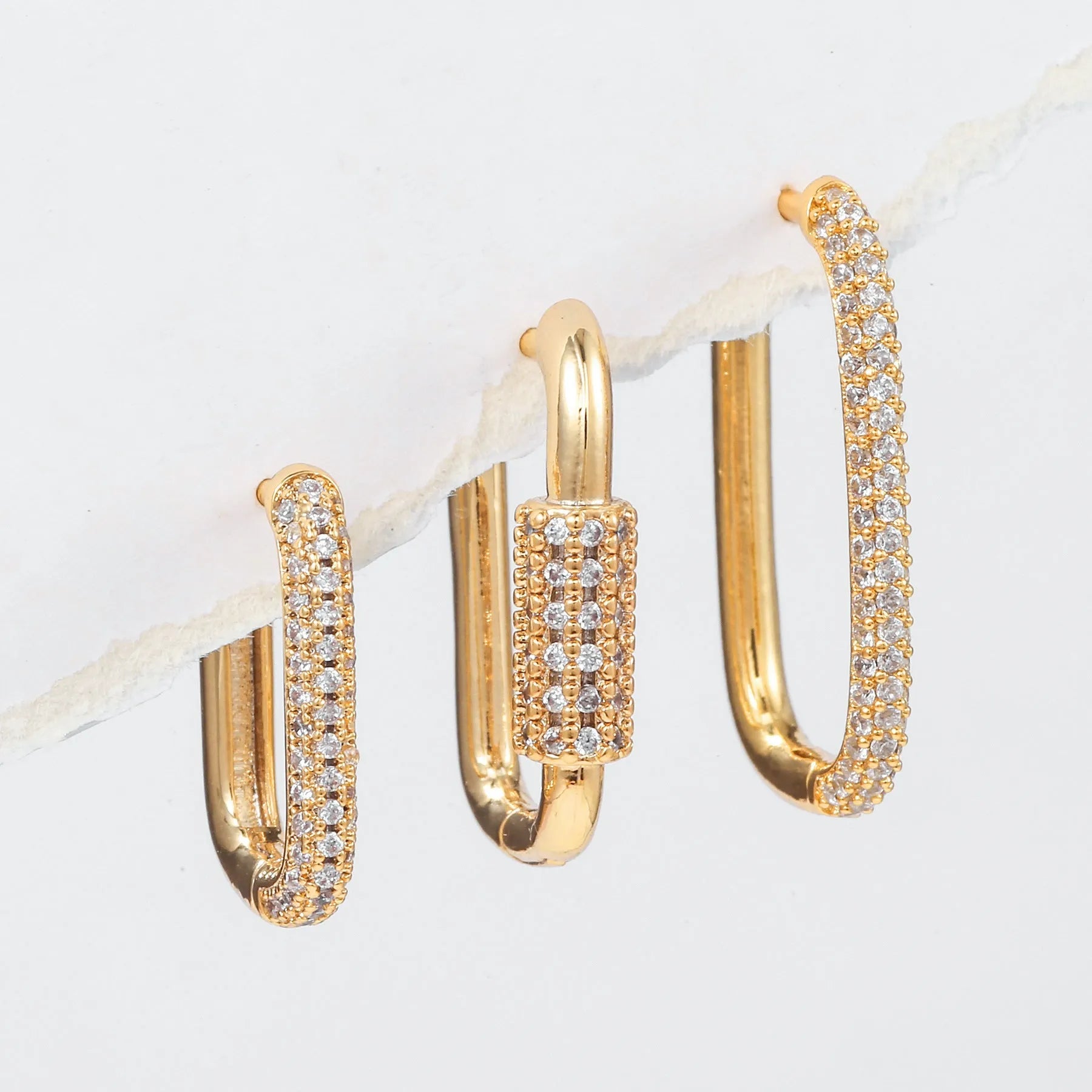 Geometric ear clip three-piece set with micro zircon detailing in gold and white colours