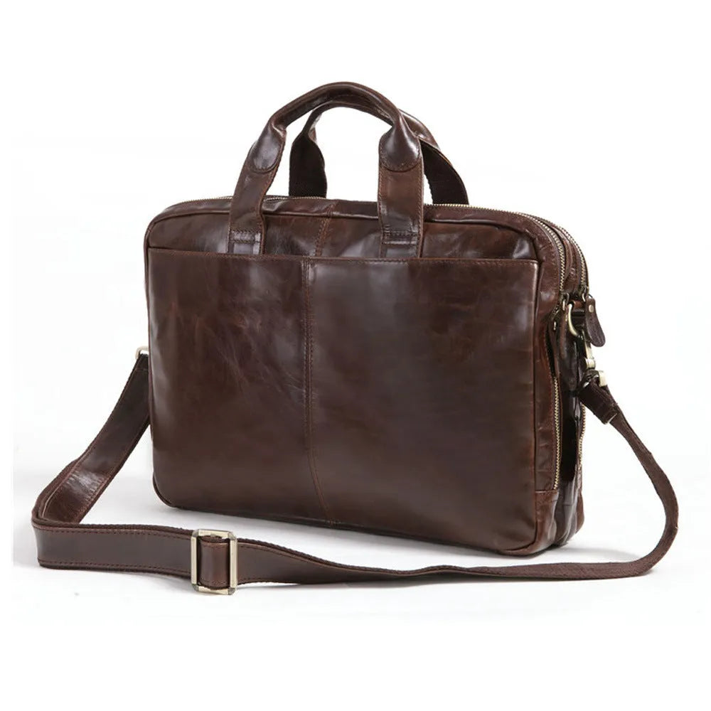 Brown 18-inch men's business briefcase made from first layer cowhide leather