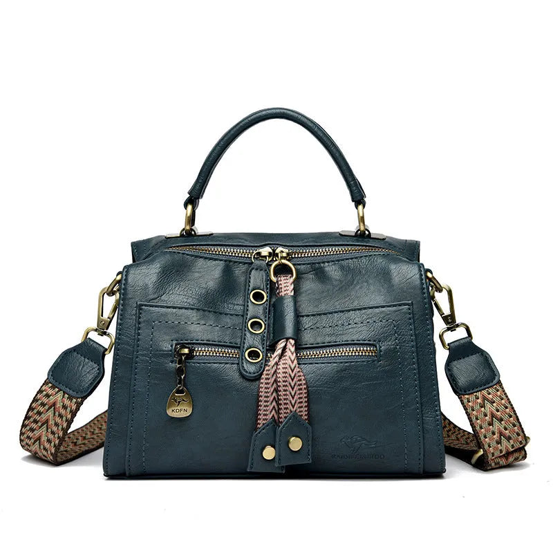 Soft grey PU women's crossbody bag with a square shape and an external sandwich pocket.