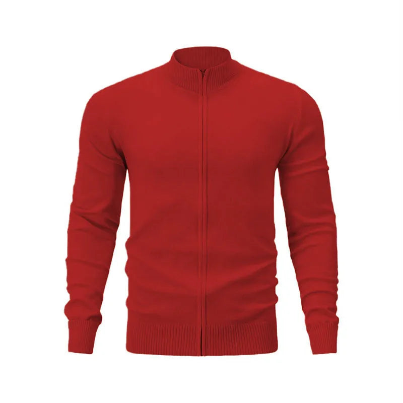 Man wearing a stand collar zip-front casual sweater in a solid colour, showing loose fit and front zipper detail.